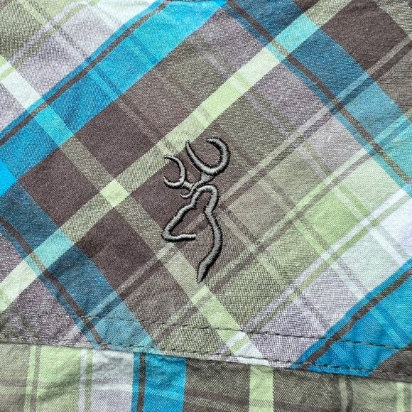 Browning Short Sleeve Western Plaid Shirt Green Blue Brown Snap Size Medium - Picture 7 of 7